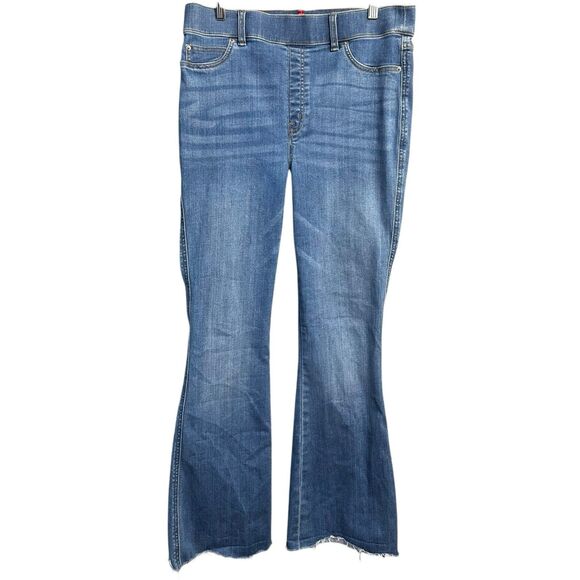 Spanx Denim Pants Womens Large Blue Stretch Jeans Pull On Raw Flare - Picture 1 of 15